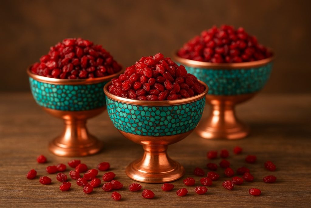 Iranian Barberry (Zeresh) in copper cups coated with torquise.
