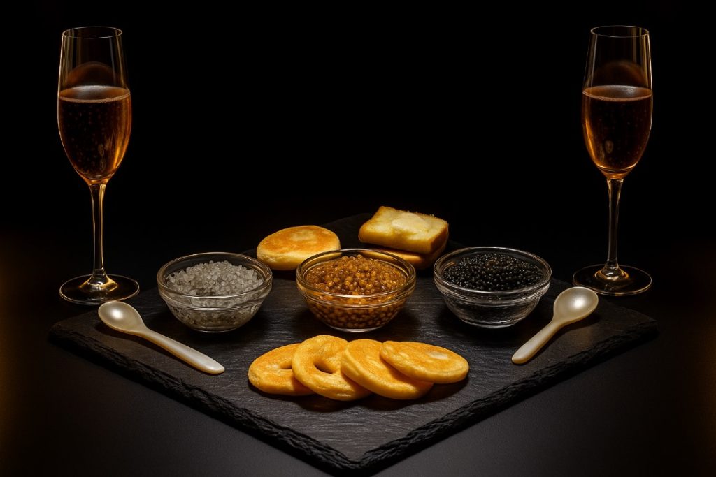 A luxurious minimal table with white wine and  Iranian caviar.