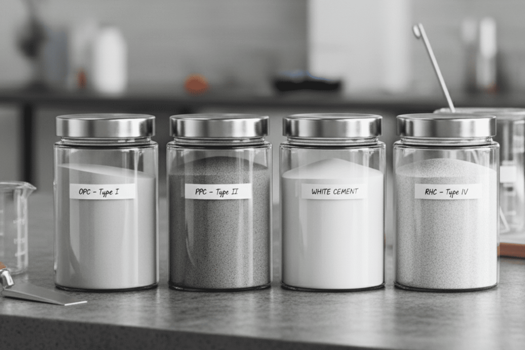 Different types of cement in a quality control lab. Ordinary Portland Cement (OPC), Portland Pozzolana Cement (PPC), White Cement, RHC Type IV.