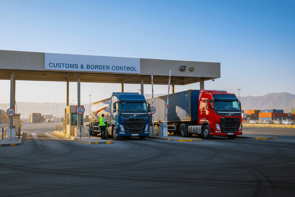 Trucks at a customs terminal. It's about exporting cement through the Road and trucks.