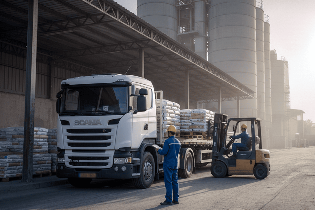 Cement logistics and transport: A truck is being loaded with cement bags.