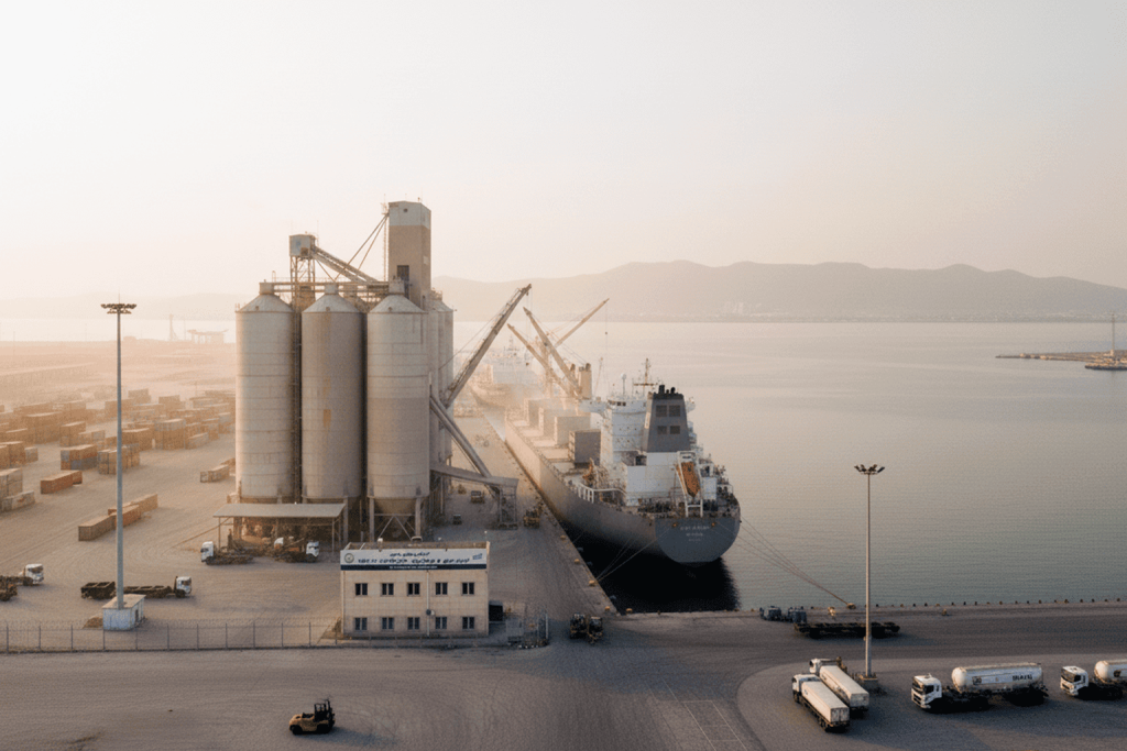 Maritime transport of cement: A cement carrier bulk ship is at a port. Cement silos and cement bunkers are available in the port districts.