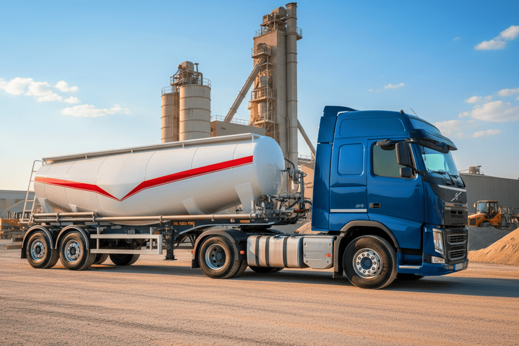 A Volvo truck with a cement Bunker.