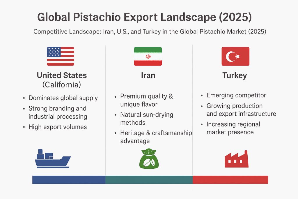 An infographic of Global Pistachio's market and main players.
The Image shows the situation and position of the main Pistachio producers in the World, including the USA, Iran, and Turkey.