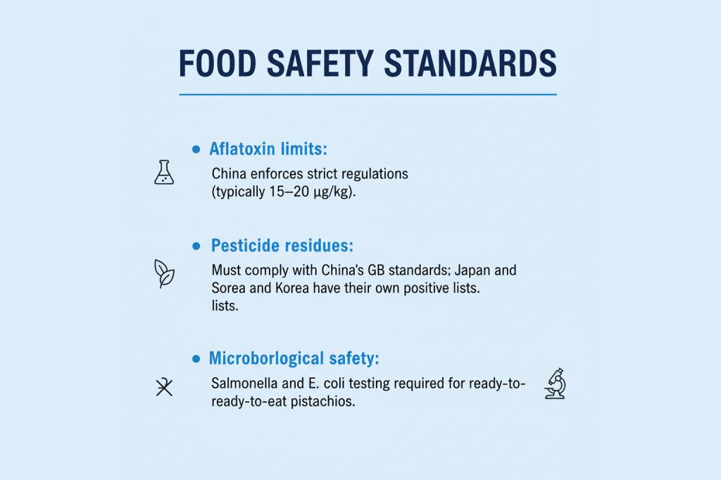 Food safety standards for export or import pistachios. 
main indicatiors: Aflatoxin limits, Pesticide residues, and the Microbiological safety.