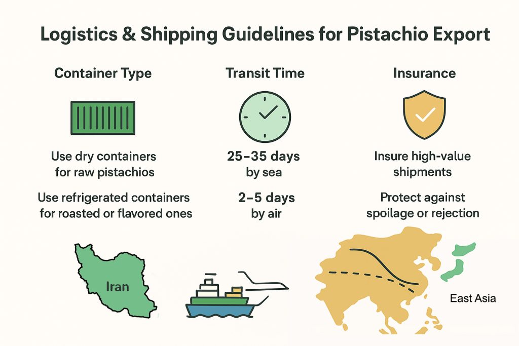 An infographic of Logistics and Shipping, with important tips about Exporting Pistachios, like suitable type of containers, transit time, and insurance.