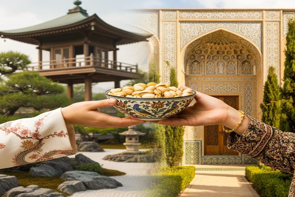 A traditional Persian bowl filled with Iranian pistachios being exchanged between two hands in Persian and East Asian attire, symbolizing cultural connection and Iran’s pistachio exports to Asian markets.
