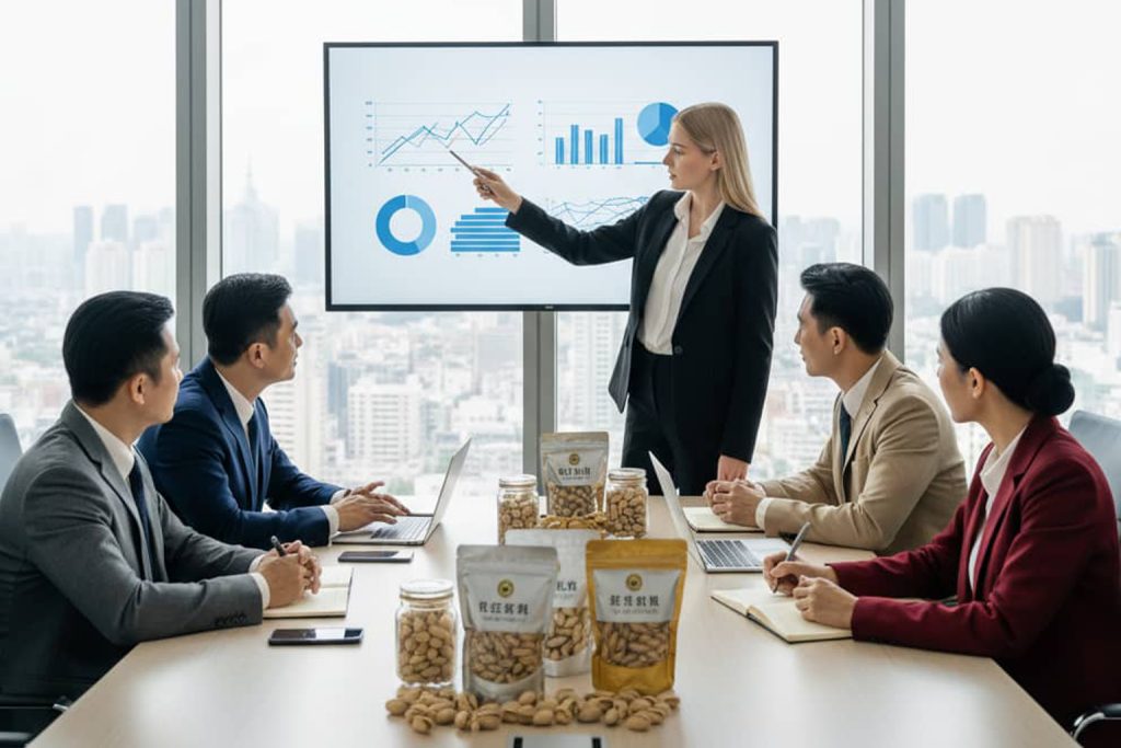 The board members are making decisions about entering a new market. It's about evaluating Asian markets for dried fruits and nuts, especially the pistachios.