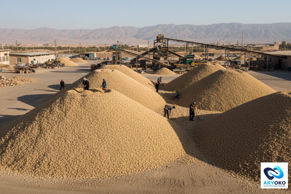 pistachio shell piles in a GAC factory's yard